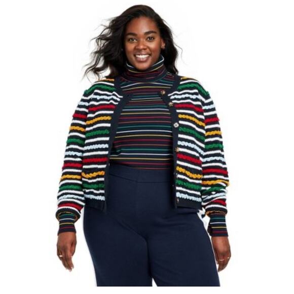1X 🔖 LA LIGNE x Target Women's Textured Striped Cardigan Sweater Navy Red - Picture 5 of 16